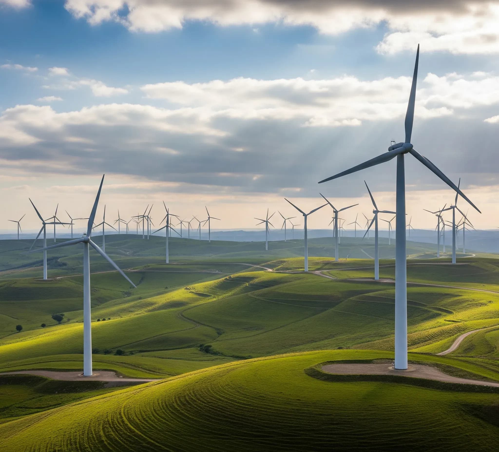 Fotografía de un campo de producción de energía limpia a través de la optimización en energía eólica.