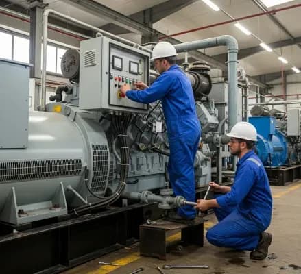 Fotografía de Hombres dando mantenimiento a un generador diesel dentro de una industria que solicitó servicio de DTC Machinery